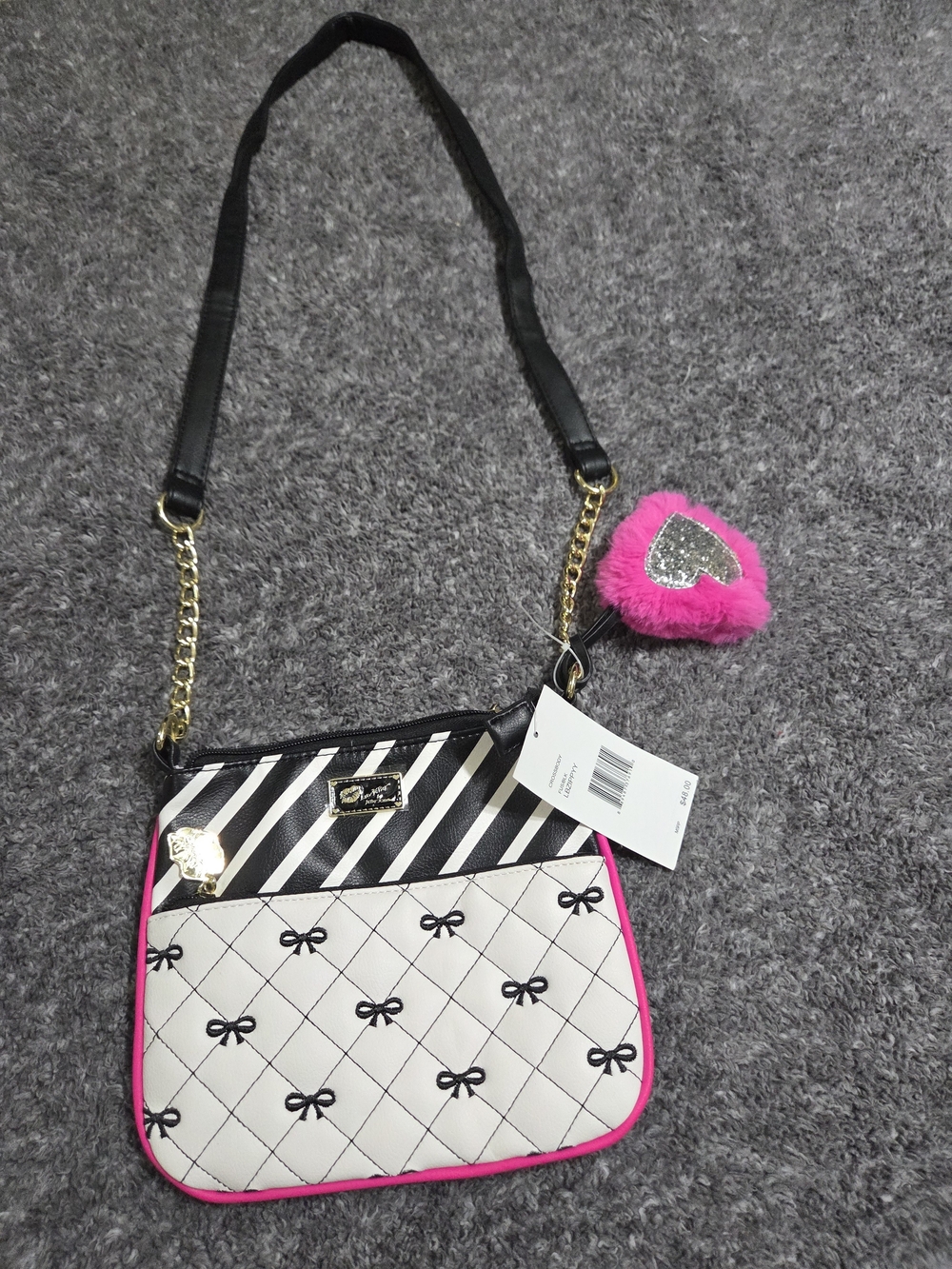 Betsey Johnson Black, White & Hot Pink Quilted Crossbody with Bow Print